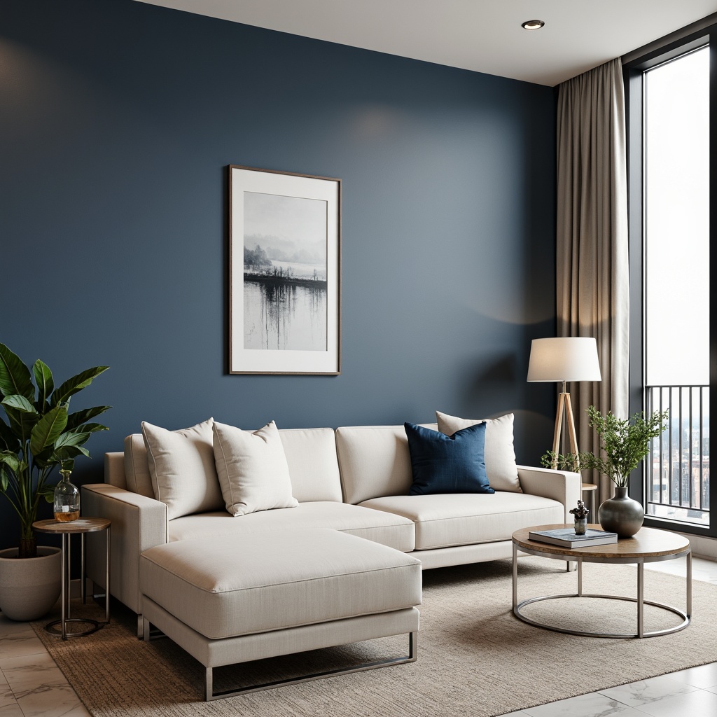 Prompt: Calming navy blue accent walls, creamy white furniture, polished chrome fixtures, luxurious velvet upholstery, subtle wood grain textures, elegant marble floors, sophisticated urban apartment, modern minimalist decor, floor-to-ceiling windows, soft natural light, warm beige carpeting, 1/1 composition, shallow depth of field, realistic renderings.