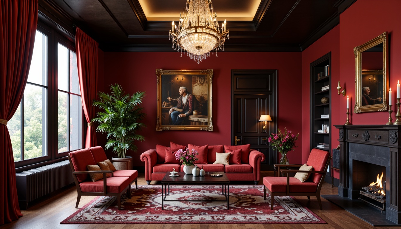 Prompt: Rich burgundy walls, luxurious velvet fabrics, dark wood furniture, ornate gold accents, lavish crystal chandeliers, plush area rugs, sophisticated modern interior design, sleek lines, bold color contrast, dramatic lighting effects, warm ambiance, cozy atmosphere, French Renaissance-inspired patterns, opulent textures, refined elegance, subtle sheen, high-end finishes.