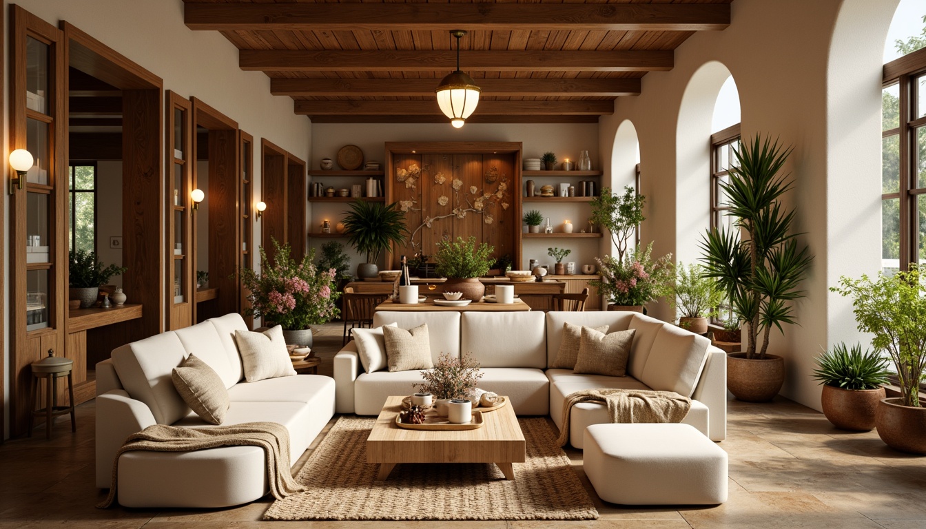 Prompt: Warm beige walls, soft cream furniture, rich walnut wood accents, plush velvet fabrics, golden lighting fixtures, cozy throw blankets, natural stone flooring, earthy terracotta pots, lush greenery, vibrant floral arrangements, warm candlelight, comfortable seating areas, rustic wooden decorations, inviting aromas, shallow depth of field, 1/1 composition, soft focus, realistic textures.