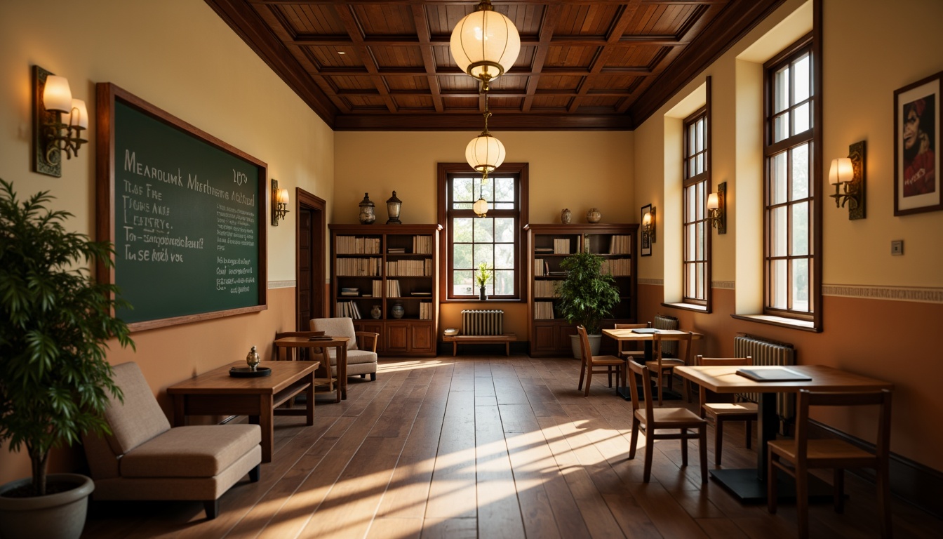 Prompt: Traditional school hallway, warm beige walls, wooden lockers, classic chalkboard, pendant lanterns, ornate metal fixtures, frosted glass shades, brass accents, rich wood tones, comfortable seating areas, cozy reading nooks, soft warm lighting, shallow depth of field, 1/1 composition, realistic textures, ambient occlusion.