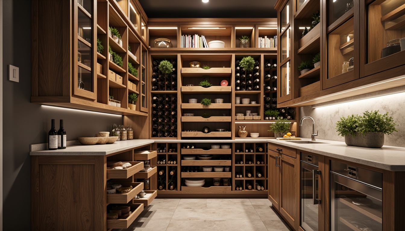 Prompt: Modern pantry, sleek wooden shelves, adjustable storage compartments, soft-close drawers, minimalist design, warm LED lighting, chrome handles, glass doors, natural stone countertops, built-in wine racks, pull-out baskets, spice organizers, corner carousels, tiered shelving units, open storage cubbies, rustic metal accents, earthy color palette, matte finishes, optimized storage solutions, 3/4 composition, shallow depth of field, realistic textures.