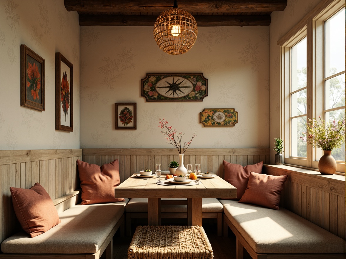 Prompt: Rustic breakfast nook, warm beige tones, distressed wood accents, soft golden lighting, vintage metal signs, floral patterns, natural linen fabrics, woven rattan chairs, earthy terracotta vases, fresh wildflowers, soft focus, shallow depth of field, 1/2 composition, cozy atmosphere, inviting textures, subtle color palette.