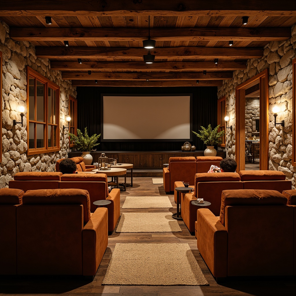 Prompt: Rustic cinema interior, reclaimed wood accents, natural stone walls, earthy color palette, wooden beam ceiling, cozy ambient lighting, plush velvet seats, woven jute rugs, vintage metal lanterns, distressed leather upholstery, organic textures, botanical patterns, warm candlelight, intimate setting, cinematic screen, surround sound system, rich wood tones, earthenware vases, potted greenery, soft focused spotlighting, shallow depth of field, 2/3 composition.