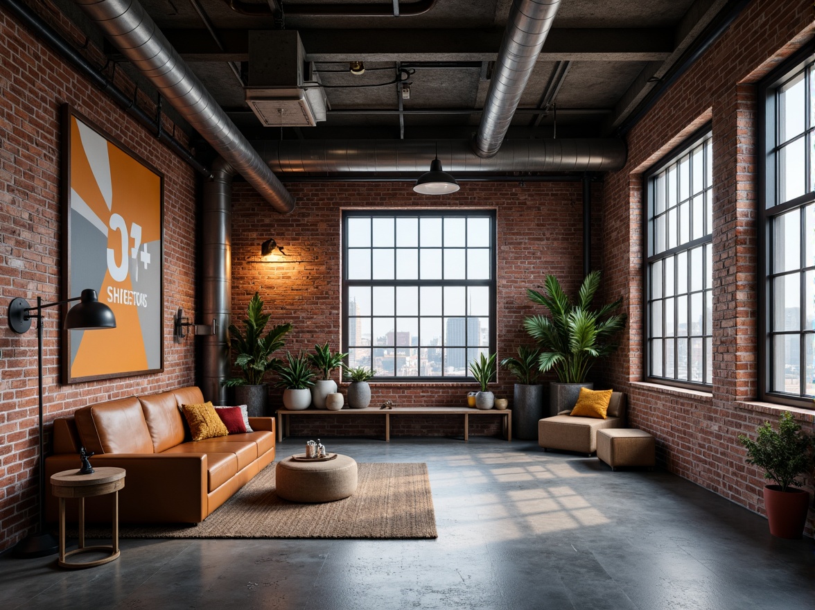 Prompt: Exposed brick walls, metal beams, industrial pipes, minimalist decor, functional lighting, urban cityscape, concrete floors, steel windows, geometric shapes, primary color accents, bold typography, distressed textures, atmospheric fog, low-key lighting, shallow depth of field, 2/3 composition, realistic render, ambient occlusion.