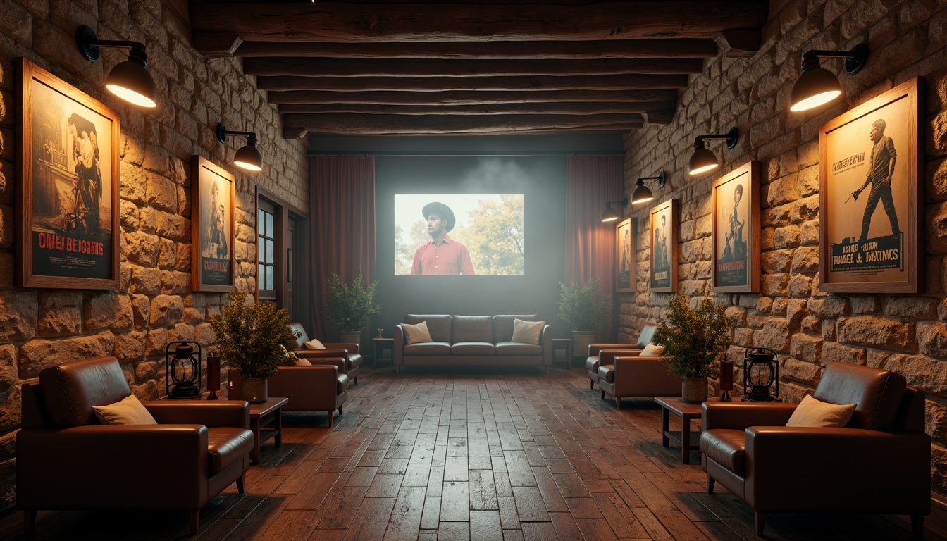 Prompt: Rustic cinema interior, textured stone walls, earthy tone colors, wooden accents, vintage film cameras, old movie posters, dim warm lighting, shallow depth of field, 1/2 composition, cinematic atmosphere, worn leather armchairs, reclaimed wood floors, metal lanterns, natural fabric upholstery, distressed finishes, cozy reading nooks, atmospheric fog, soft focus effect.