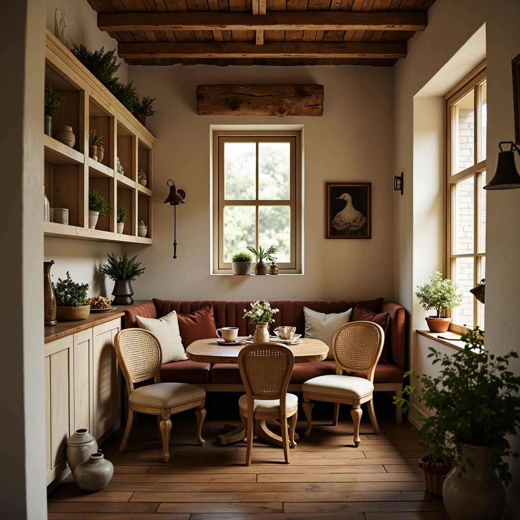 Prompt: Rustic breakfast nook, soft warm lighting, distressed wood furniture, vintage-inspired decor, plush velvet cushions, ornate metal accents, creamy white cabinetry, elegant curved legs, woven wicker chairs, natural linen upholstery, antique wooden tables, decorative ceramic vases, fresh flower arrangements, earthy color palette, cozy intimate setting, 3/4 composition, shallow depth of field, warm golden lighting, French country charm.