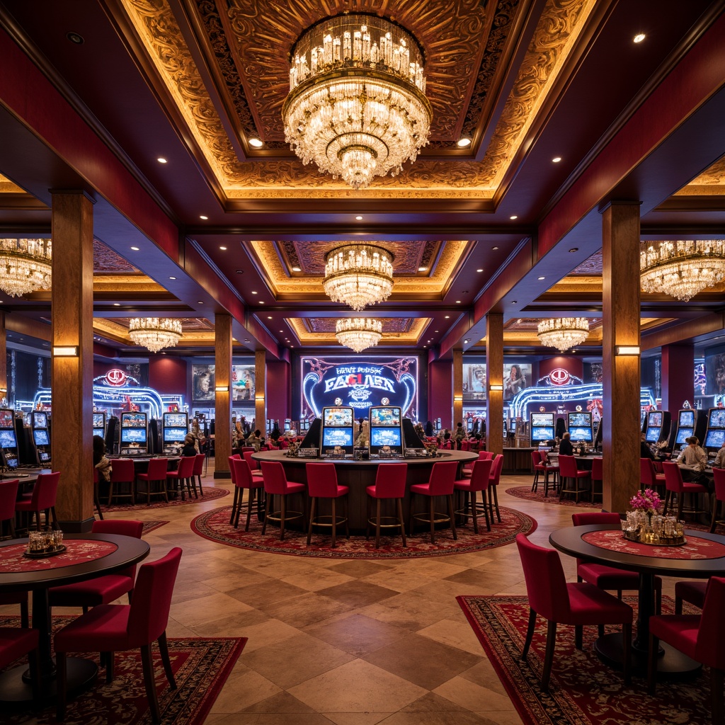 Prompt: Luxurious casino interior, rich velvet fabrics, metallic accents, ornate chandeliers, flashy neon lights, sleek marble floors, high-stakes atmosphere, opulent furnishings, lavish decorations, intricate patterns, vibrant color schemes, dramatic lighting effects, shallow depth of field, 1/1 composition, realistic textures, ambient occlusion.