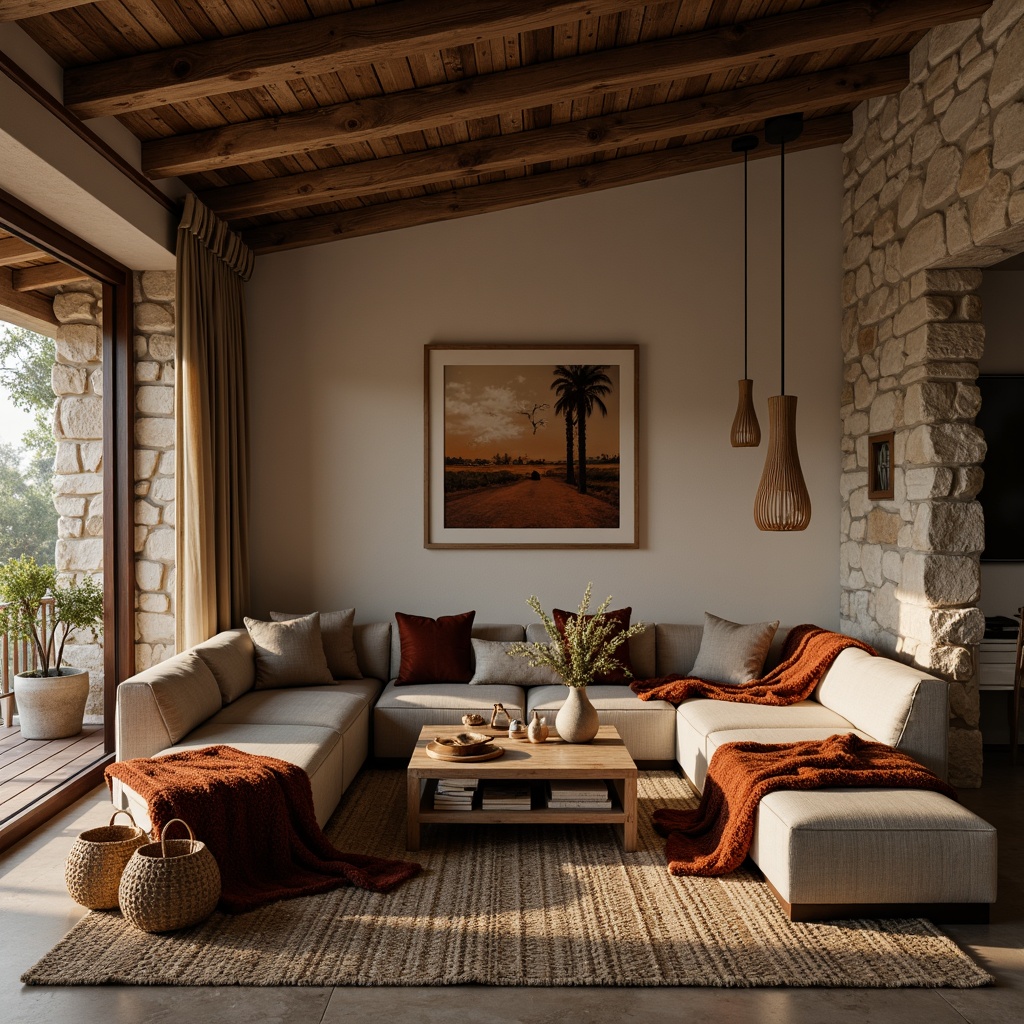 Prompt: Cozy living room, plush throw blankets, rustic wooden furniture, natural stone walls, earthy tone color palette, warm ambient lighting, soft cushions, velvet upholstery, woven baskets, organic shapes, irregular patterns, tactile materials, inviting atmosphere, shallow depth of field, 1/1 composition, realistic textures, subtle shadows.