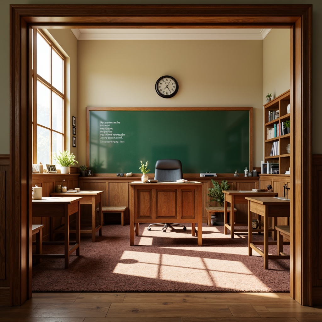 Prompt: Traditional wooden desks, comfortable ergonomic chairs, classic green chalkboards, vintage-inspired teacher's desk, natural oak wood flooring, warm beige walls, softbox lighting, cozy reading nooks, built-in bookshelves, richly textured carpets, ornate wooden trim, nostalgic educational posters, traditional clock, classic pencil sharpeners, wooden cabinets, earthy color palette, shallow depth of field, 1/1 composition, realistic textures, ambient occlusion.