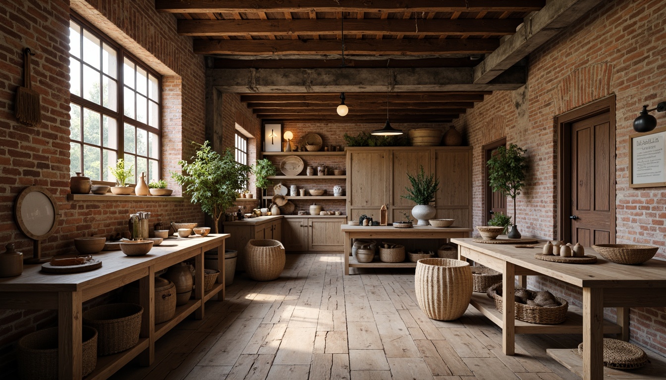 Prompt: Rustic workshop, reclaimed wood, distressed finishes, exposed brick walls, industrial metal beams, earthy color palette, natural textiles, woven baskets, handmade ceramics, organic shapes, rough-hewn stone surfaces, worn wooden floors, warm soft lighting, shallow depth of field, 1/1 composition, realistic textures, ambient occlusion.