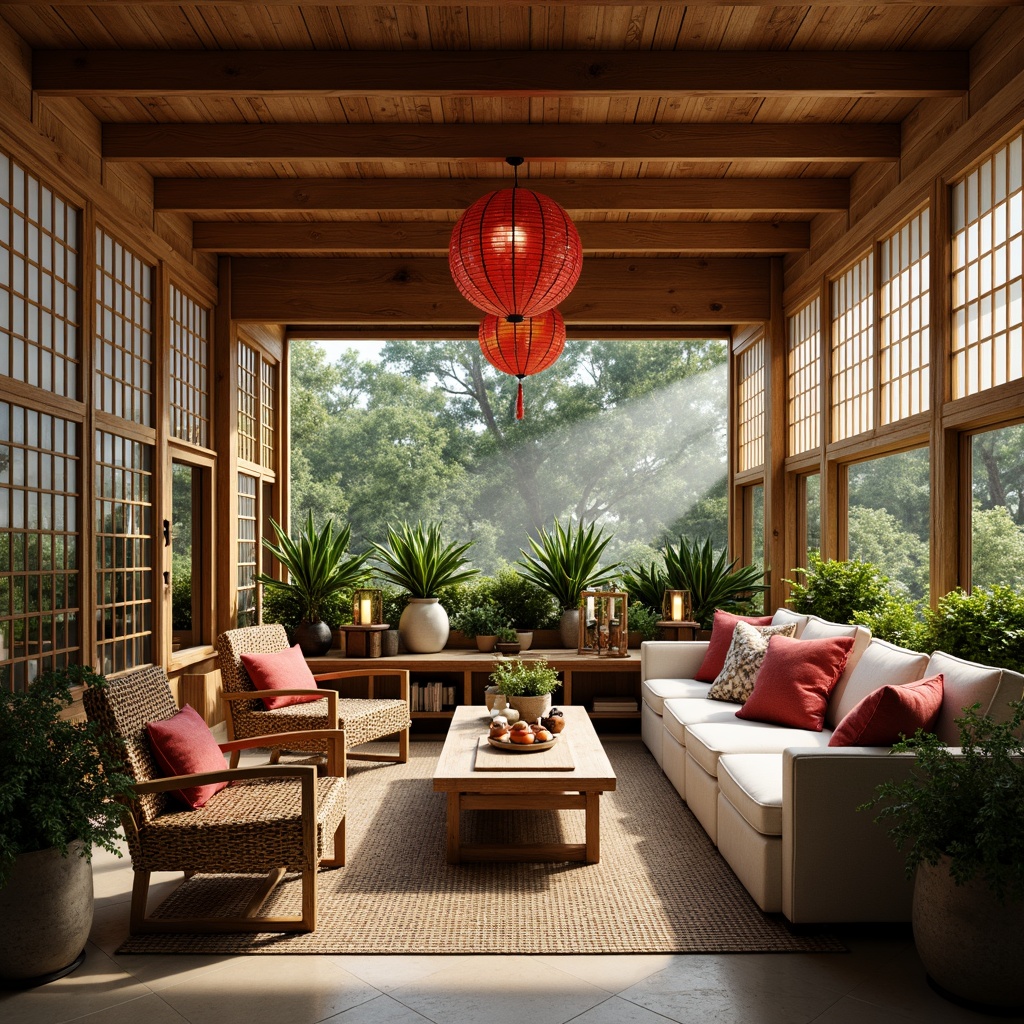 Prompt: Cozy sunroom, natural wood accents, sliding shoji screens, woven bamboo chairs, low-seating sofas, vibrant red lanterns, lush greenery, Asian-inspired ornaments, intricately carved wooden tables, delicate paper lanterns, warm ambient lighting, shallow depth of field, 1/1 composition, soft focus effect, serene atmosphere, nature-inspired color palette.