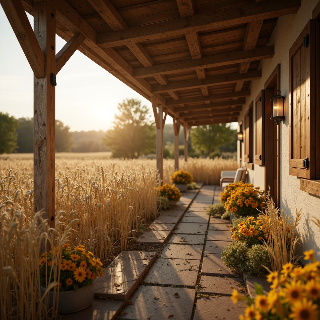 Prompt: Warm wheat fields, golden sunflowers, soft beige textures, natural earthy tones, rustic farmhouse architecture, vintage wooden accents, distressed metal details, creamy whites, weathered stone walls, cozy candlelit ambiance, warm afternoon sunlight, shallow depth of field, 2/3 composition, cinematic color grading, filmic textures.