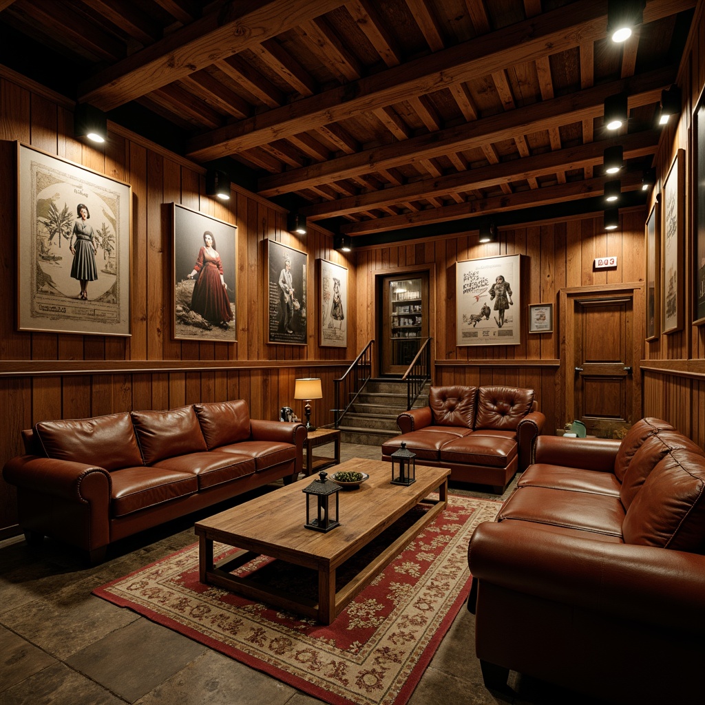 Prompt: Rustic cinema interior, wooden accent walls, vintage film posters, distressed leather sofas, reclaimed wood coffee tables, metal lanterns, natural stone flooring, earthy color palette, warm ambient lighting, cinematic spotlights, plush velvet armchairs, ornate wooden trimmings, rich brown tones, cozy intimate atmosphere, 1/1 composition, shallow depth of field, realistic textures.