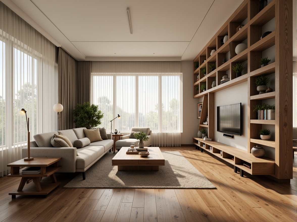 Prompt: Modern living room, sleek wooden flooring, minimalist decor, functional furniture layout, comfortable seating area, coffee table with storage, floor lamps with adjustable arms, wall-mounted TV, bookshelves with ladder, plants on shelves, natural textiles, soft warm lighting, 1/1 composition, realistic materials, ambient occlusion.