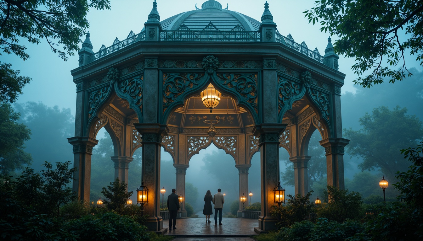 Prompt: Ethereal pavilion, ornate Gothic details, mysterious foggy atmosphere, rich jewel-toned colors, emerald green accents, sapphire blue hues, amethyst purple shades, golden metallic trim, intricate stone carvings, delicate lace patterns, mystical lanterns, soft warm candlelight, misty morning dew, eerie twilight ambiance, dramatic high contrast, cinematic composition, atmospheric perspective, realistic weathering effects.