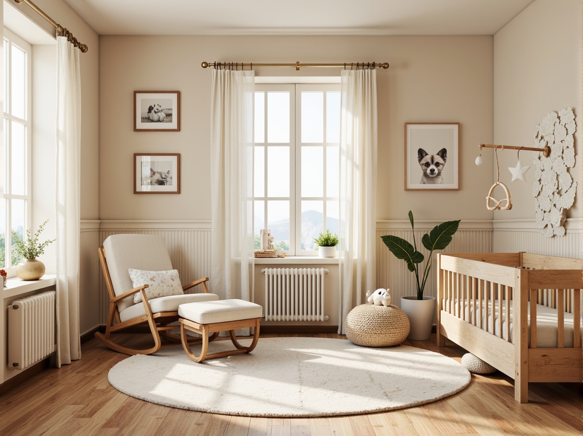 Prompt: Whimsical nursery, soft pastel colors, delicate floral patterns, gentle cream accents, plush area rug, comfortable glider rocker, wooden crib, elegant drapery, sheer curtains, warm beige walls, natural wood furniture, vintage-inspired decor, distressed finishes, sweet baby animal artwork, tender greenery, dainty mobiles, softbox lighting, shallow depth of field, 1/1 composition, cozy atmosphere, realistic textures.