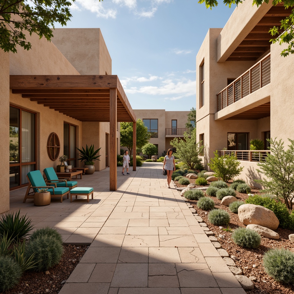 Prompt: Adobe earth-toned stucco buildings, rustic wooden accents, natural stone walls, desert landscaping, cacti and succulents, xeriscape gardens, southwestern patterned tiles, vibrant turquoise accents, reclaimed wood furniture, exposed beam ceilings, earthy color palette, warm sandy textures, organic shapes, abundant natural light, clerestory windows, sliding glass doors, minimalist decor, educational exhibits, interactive science displays, 3D visualizations, modern laboratory equipment, soft warm lighting, shallow depth of field, 1/1 composition, panoramic view.