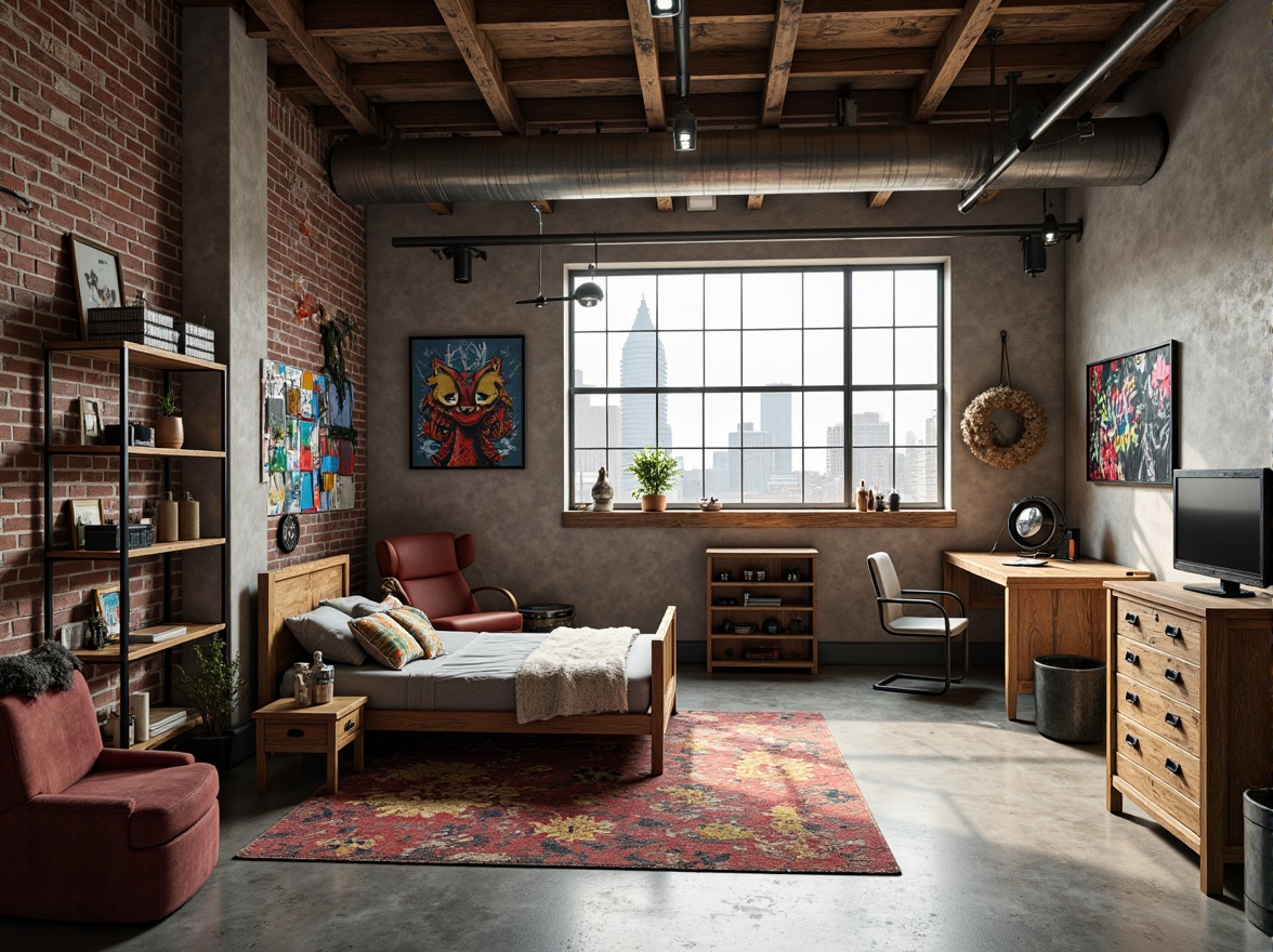 Prompt: Industrial-style kids' room, distressed wooden furniture, metal accents, exposed brick walls, vintage machinery parts, urban loft atmosphere, concrete flooring, functional shelving units, reclaimed wood decor, edgy colorful textiles, graffiti-inspired wall art, cityscape views, natural light pouring in, shallow depth of field, 1/1 composition, realistic textures, ambient occlusion.