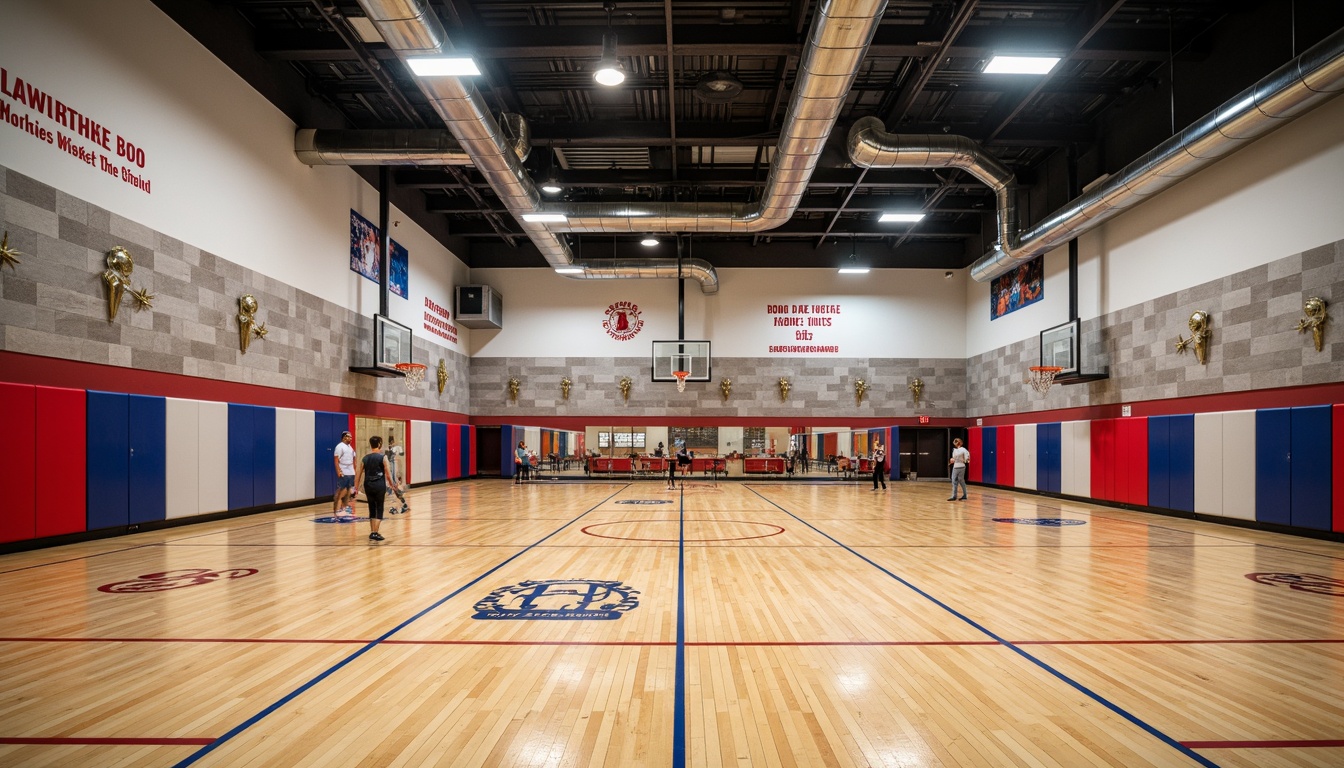 Prompt: Modern gymnasium interior, polished wood flooring, basketball court markings, sports equipment storage, wall-mounted athletic trophies, motivational quotes, natural stone accent walls, exposed ductwork ceiling, industrial-style metal beams, recessed LED lighting, vibrant team color schemes, sound-absorbing acoustic panels, mirrored exercise areas, rubberized floor mats, professional-grade sports flooring, dynamic angular lines, functional minimalist design, high-contrast color blocking, 1/2 composition, sharp dramatic shadows, realistic textures, ambient occlusion.