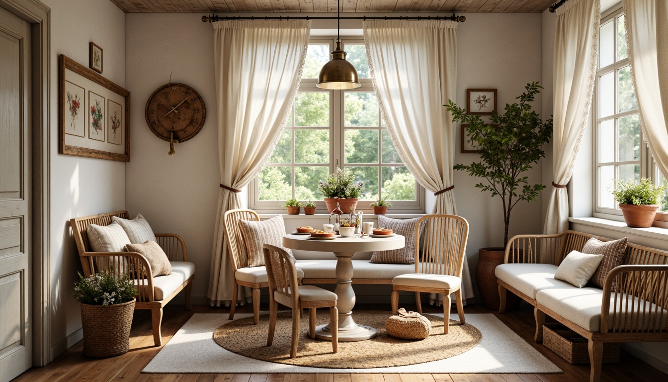 Prompt: Rustic French country breakfast nook, distressed wood accents, soft linen fabrics, vintage-inspired florals, natural jute rugs, earthy terracotta pots, warm beige tones, creamy whites, delicate lace trim, rich velvet textures, ornate metal hardware, sunny morning light, shallow depth of field, 1/1 composition, inviting atmosphere, realistic render.