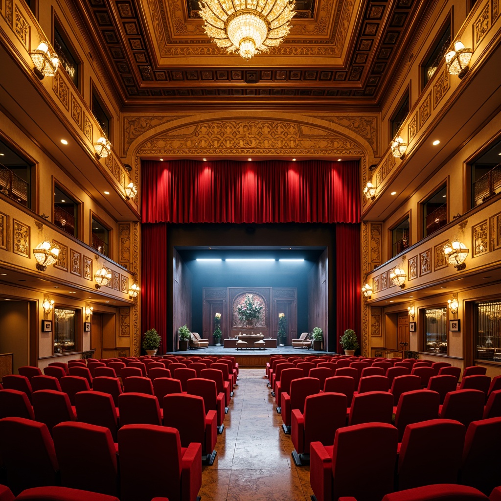 Prompt: Luxurious theater interior, rich velvet curtains, ornate golden balconies, plush red seats, sound-absorbing acoustic panels, geometric patterned walls, polished wooden floors, sophisticated lighting systems, grandiose chandeliers, dramatic stage design, proscenium arches, intricate molding details, warm ambient lighting, 1/1 composition, shallow depth of field, realistic textures, ambient occlusion.