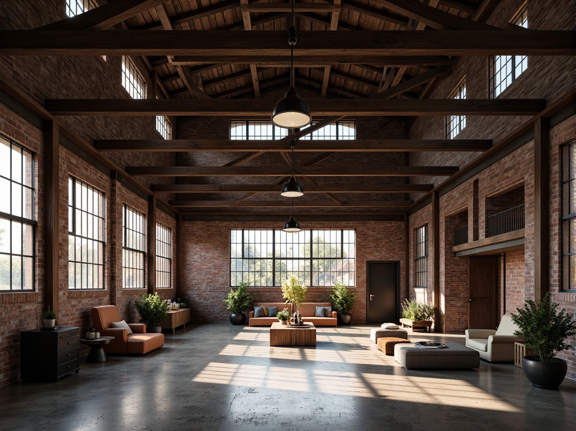 Prompt: Rustic warehouse interior, exposed metal beams, industrial-chic decor, reclaimed wood accents, polished concrete floors, vintage factory windows, distressed brick walls, urban loft atmosphere, dimmed pendant lighting, dramatic ceiling heights, open floor plan, minimalist furniture, functional storage spaces, raw unfinished textures, warm natural light, 1/1 composition, shallow depth of field, realistic renderings.