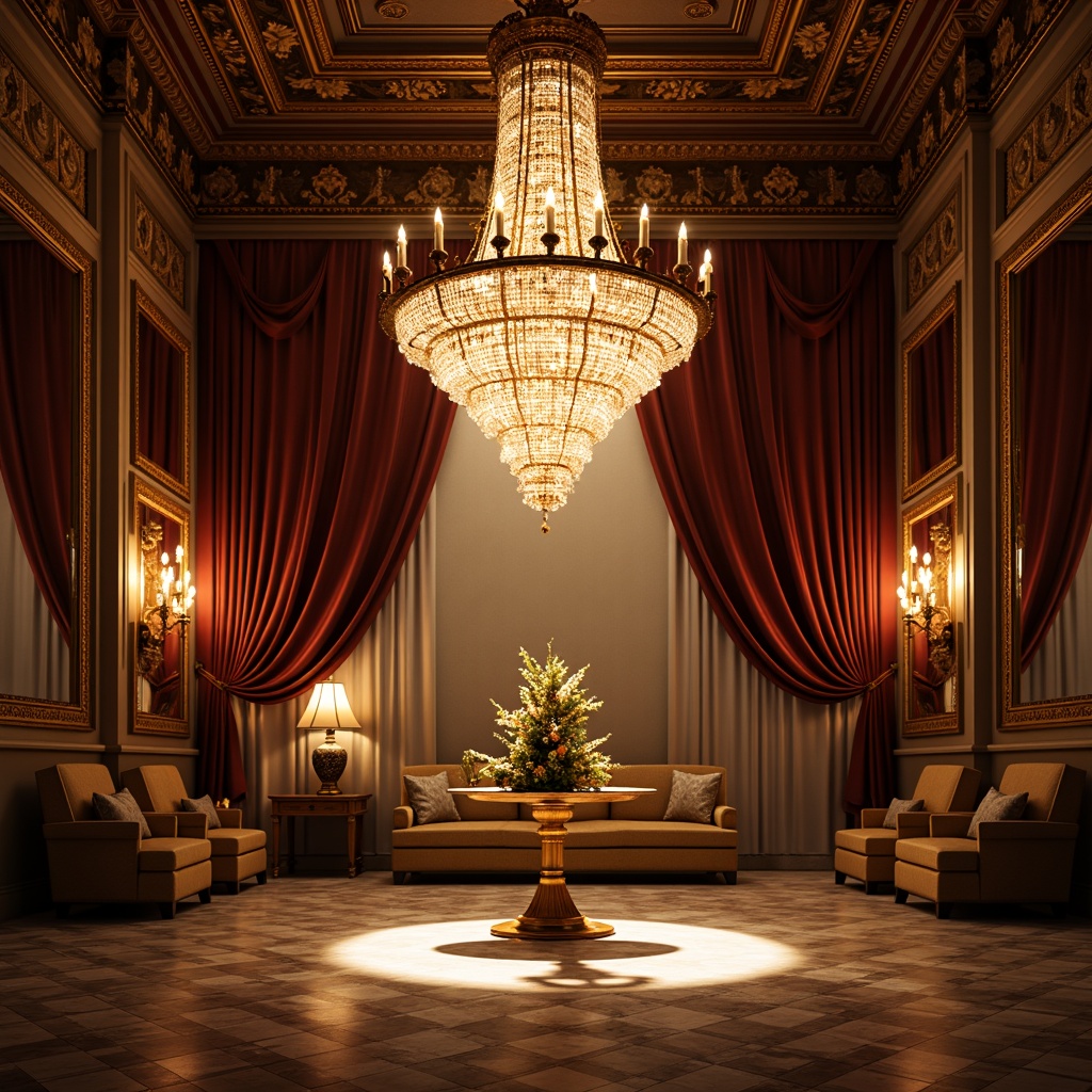 Prompt: Grand chandelier, crystal droplets, warm golden lighting, rich velvet drapes, ornate mirrors, gilded frames, luxurious furnishings, intricate carvings, high ceilings, marble floors, lavish decorations, soft warm glow, subtle shadows, dramatic spotlights, intense color contrast, high-key lighting, 1/2 composition, shallow depth of field, realistic reflections, ambient occlusion.