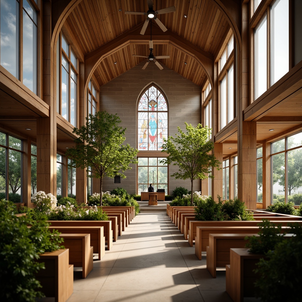 Prompt: Sustainable church design, eco-friendly materials, reclaimed wood accents, natural stone walls, living green roofs, solar panels, rainwater harvesting systems, energy-efficient lighting, minimalist interior, open spaces, wooden pews, stained glass windows, vaulted ceilings, ornate carvings, serene ambiance, soft warm lighting, shallow depth of field, 3/4 composition, panoramic view, realistic textures, ambient occlusion.