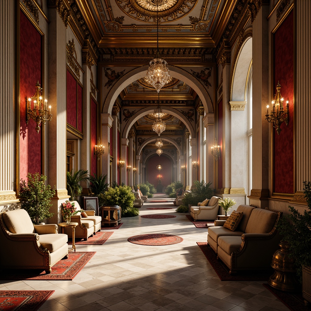 Prompt: Opulent palace, grandiose architecture, intricate stone carvings, ornate metalwork, lavish furnishings, velvet drapes, crystal chandeliers, marble floors, gilded accents, Baroque-inspired ornamentation, rich jewel tones, warm golden lighting, shallow depth of field, 1/1 composition, realistic textures, ambient occlusion.