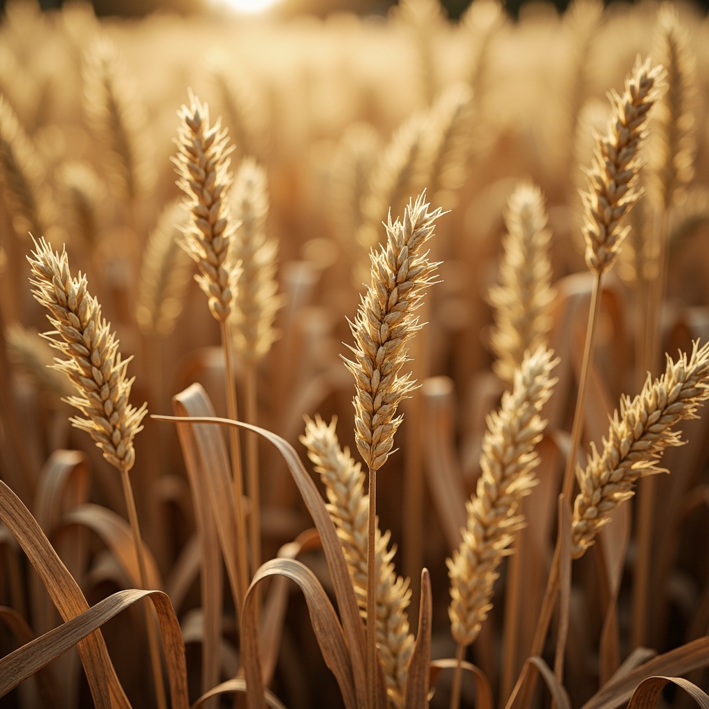 Prompt: Warm wheat fields, golden sunlit grains, soft beige textures, earthy brown tones, rustic wooden accents, natural linen fabrics, creamy white hues, gentle warm lighting, shallow depth of field, 1/2 composition, realistic grain details, ambient occlusion.Please let me know if this meets your requirements!