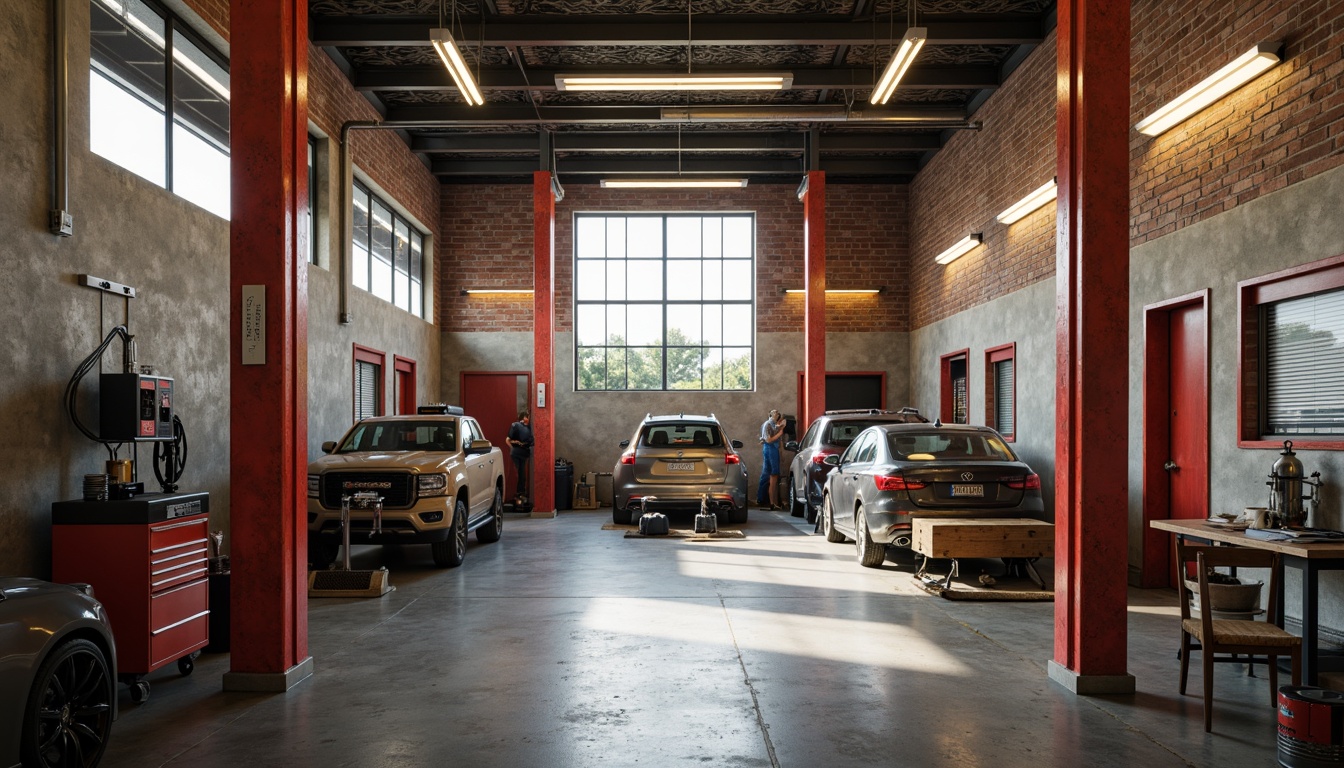 Prompt: Industrial garage interior, metallic tools, sleek machinery, concrete floors, exposed brick walls, modern color palette, bold red accents, neutral beige tones, deep grey undertones, bright white highlights, warm yellow task lighting, soft overhead lighting, 3/4 composition, shallow depth of field, realistic textures, ambient occlusion.