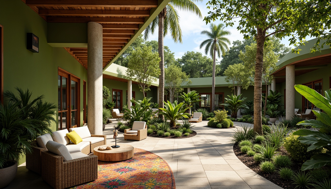 Prompt: Tropical building, lush green walls, natural stone floors, wooden accents, large windows, sliding glass doors, clerestory openings, skylights, atriums, open-air corridors, vibrant colorful textiles, woven bamboo furniture, rattan decor, exotic plants, sunny day, soft warm lighting, shallow depth of field, 3/4 composition, panoramic view, realistic textures, ambient occlusion.