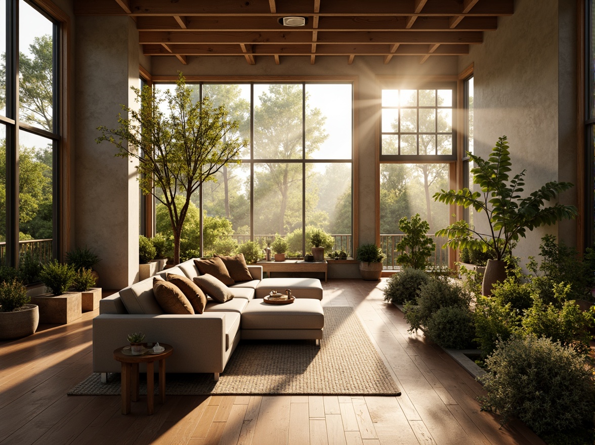 Prompt: Soft warm glow, abundant skylights, large windows, minimal obstruction, unobstructed views, open floor plans, airy atmosphere, diffused light, gentle shadows, calm ambiance, relaxed mood, natural materials, reclaimed wood accents, earthy color palette, organic textures, botanical patterns, serene surroundings, peaceful retreat, morning sunbeams, afternoon warmth, evening twilight, subtle lighting transitions, soft focus, shallow depth of field.