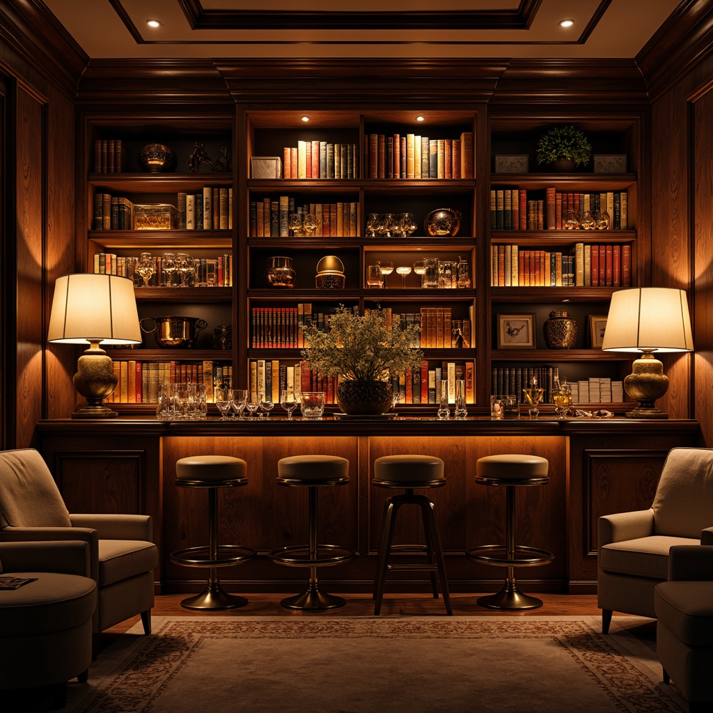 Prompt: \Cozy study-inspired home bar, warm ambient lighting, rich wood tones, leather-bound books, elegant glassware, polished metal accents, sophisticated color palette, intimate seating areas, plush area rugs, floor lamps with linen shades, table lamps with bronze bases, dimmable LED lights, subtle backlighting, 1/1 composition, realistic reflections, soft warm glow, inviting atmosphere.\