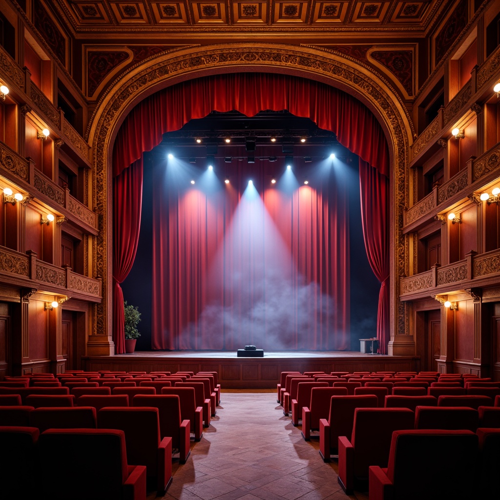 Prompt: Vibrant theatre stage, dynamic lighting design, bold color scheme, luxurious velvet curtains, ornate golden frames, majestic proscenium arch, plush red seats, polished wooden floors, dramatic spotlights, soft warm glow, misty atmospheric effects, shallow depth of field, 3/4 composition, panoramic view, realistic textures, ambient occlusion.