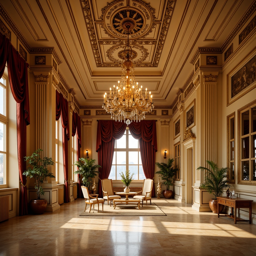 Prompt: Grand chandelier, ornate metalwork, warm golden lighting, creamy marble floors, intricate moldings, high ceilings, classical columns, ornate mirrors, lavish furnishings, rich velvet drapes, subtle shadows, soft warm glow, ambient illumination, 1/1 composition, symmetrical arrangement, realistic reflections, subtle color grading.