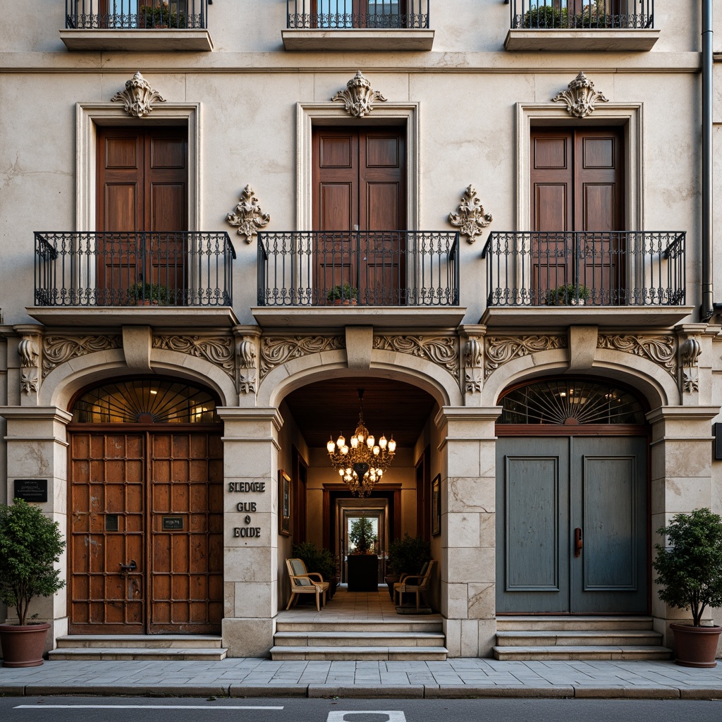 Prompt: Ornate building facades, intricately carved stone walls, rusty metal accents, vintage wooden doors, decorative cornices, ornamental railings, grand entranceways, imposing columns, refined stucco textures, subtle color variations, warm ambient lighting, shallow depth of field, 3/4 composition, panoramic view, realistic textures, ambient occlusion.