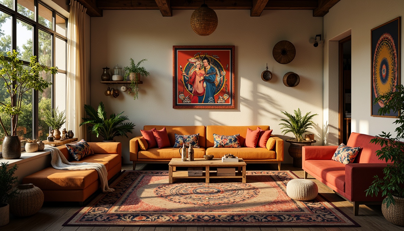 Prompt: Vibrant bohemian colors, earthy tones, rich textures, natural materials, eclectic patterns, bold accents, whimsical illustrations, playful typography, cozy atmospheric lighting, intimate settings, relaxed mood, organic shapes, free-spirited ambiance, warm sunny day, soft focus, 1/1 composition, realistic rendering.