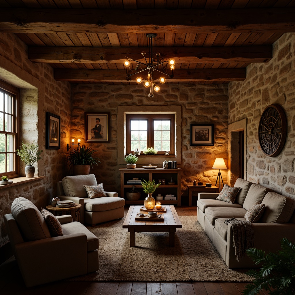 Prompt: Rustic interior, wooden beams, stone walls, vintage furniture, warm candlelight, soft lanterns, pendant lamps, metal chandeliers, distressed wood accents, earthy color palette, cozy atmosphere, natural textiles, woven baskets, nature-inspired decor, softbox lighting, warm white light, ambient glow, subtle shadows, 1/2 composition, intimate scale, realistic materials, detailed textures.