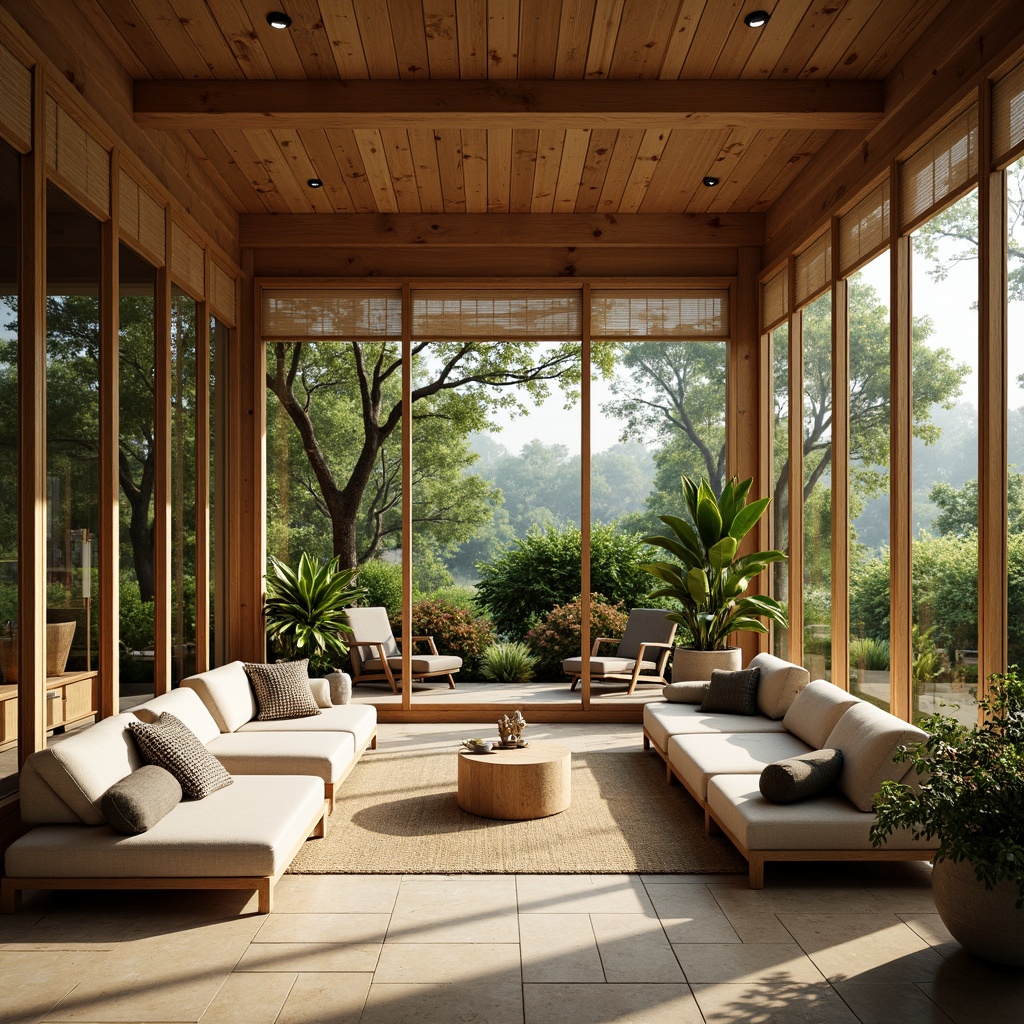 Prompt: \Tranquil sunroom, Asian-inspired decor, sliding glass doors, large windows, natural stone floors, bamboo blinds, lush greenery, vibrant flowers, minimal ornamentation, soft warm lighting, shallow depth of field, 1/1 composition, panoramic view, realistic textures, ambient occlusion, warm beige tones, earthy colors, organic materials, natural fabrics, cozy seating areas, comfortable cushions, plush rugs.\