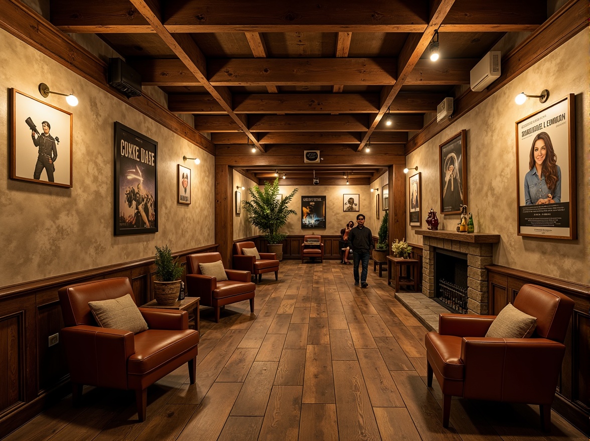 Prompt: Rustic cinema interior, distressed textured walls, earthy color palette, warm ambient lighting, wooden accents, vintage film cameras, classic movie posters, worn leather armchairs, reclaimed wood floors, natural stone fireplaces, cozy nooks, intimate seating areas, warm beige tones, soft focus, shallow depth of field, 1/2 composition, atmospheric misting.