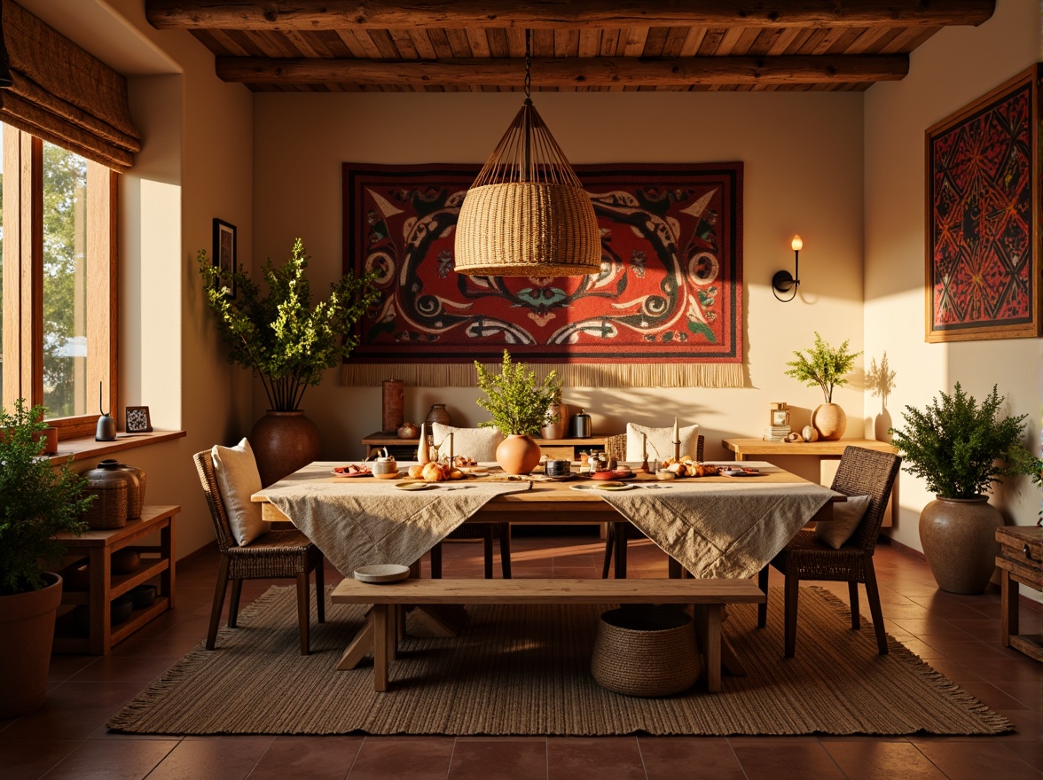 Prompt: Cozy dining room, plush throw blankets, warm beige walls, rustic wooden furniture, soft candlelight, woven baskets, natural fiber rugs, earthy terracotta pots, vibrant colorful tapestries, geometric patterned curtains, warm golden lighting, shallow depth of field, 1/1 composition, realistic textures, ambient occlusion.