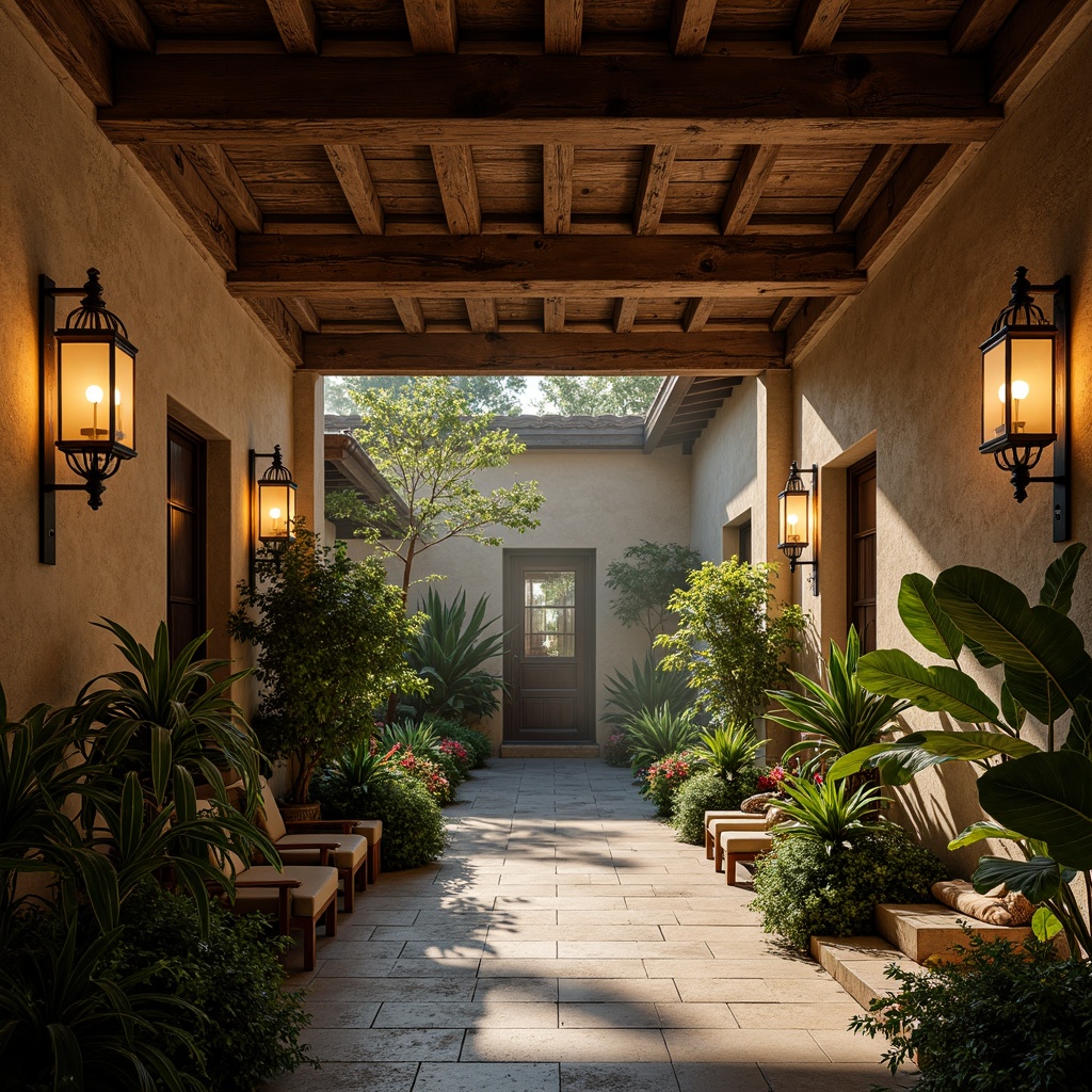 Prompt: Warm lanterns, rustic wooden beams, natural stone walls, lush greenery, exotic plants, tropical flowers, soft warm lighting, ambient occlusion, misty atmosphere, serene ambiance, peaceful courtyard, cloistered walkways, ornate metalwork, distressed wood accents, vintage decorative fixtures, earthy color palette, warm beige tones, soft golden hues, 1/1 composition, realistic textures, shallow depth of field, panoramic view.