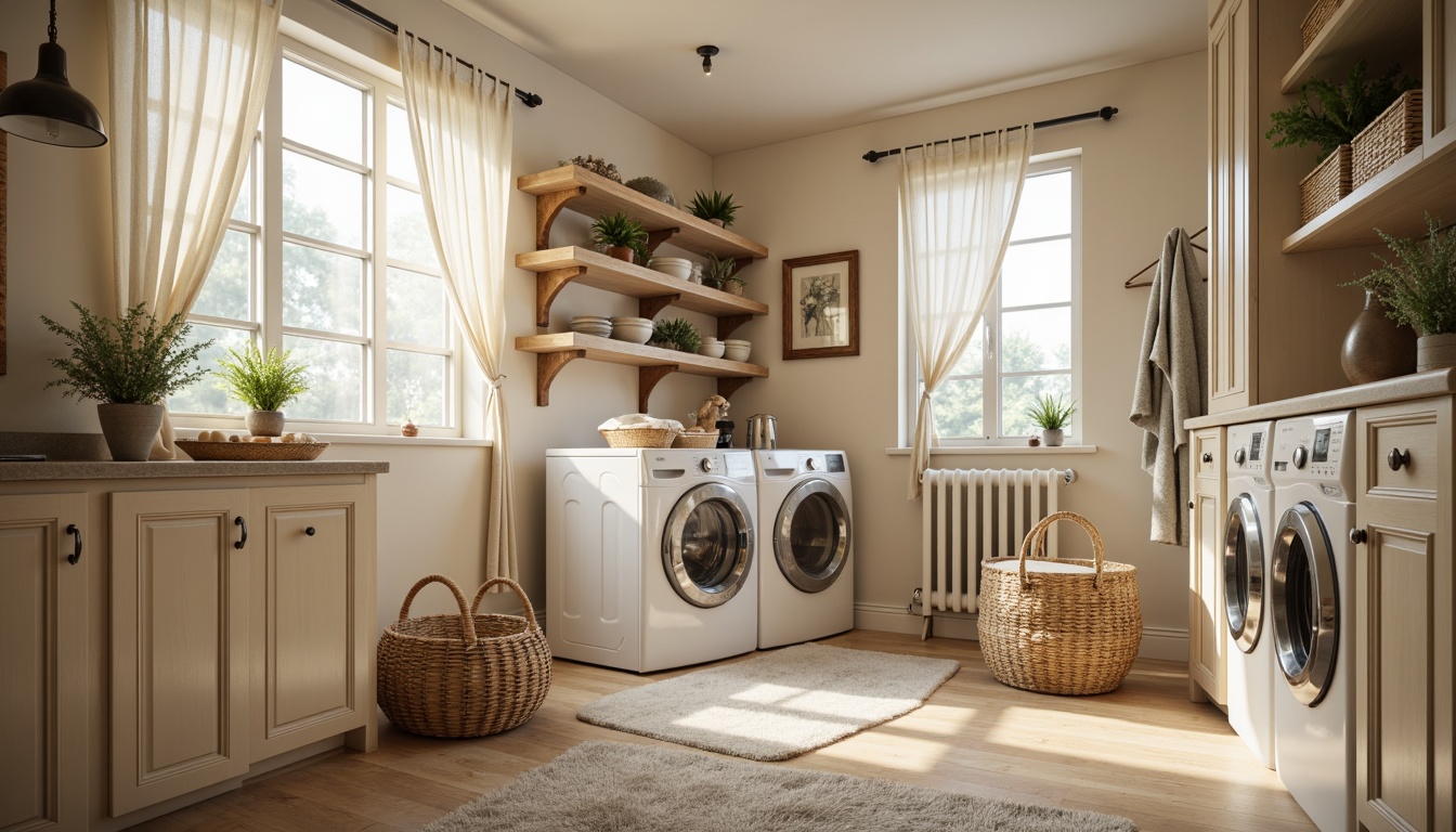 Prompt: Elegant laundry room, soft warm lighting, creamy white cabinets, polished chrome fixtures, plush area rugs, ornate wooden accents, delicate lace curtains, vintage-inspired washing machines, distressed wood shelves, woven wicker baskets, fresh flowers, gentle color palette, natural linen fabrics, subtle texture patterns, classic furniture silhouettes, harmonious proportion, 1/1 composition, soft focus, warm color tones.