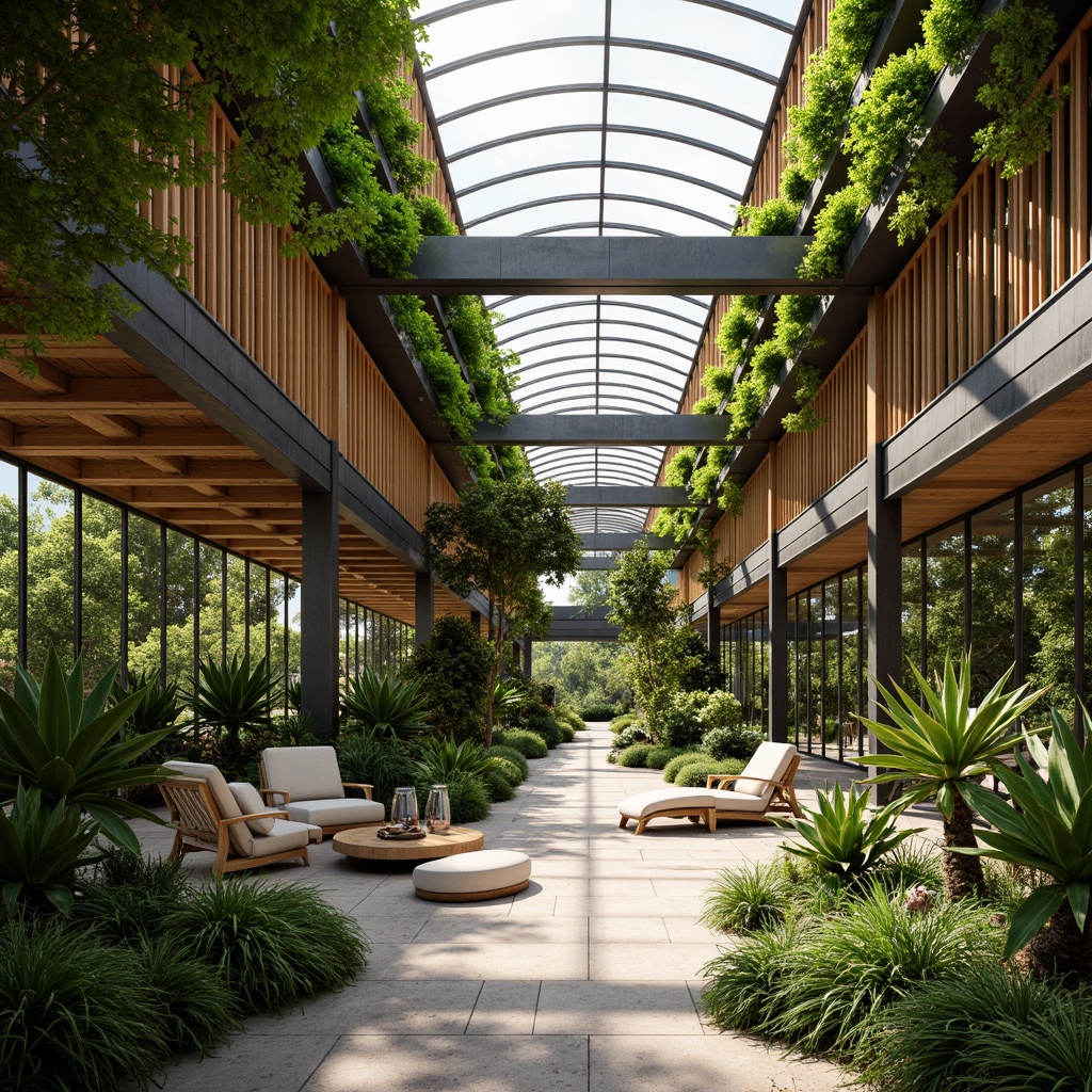 Prompt: Lush greenery, tropical plants, wooden trellises, clerestory windows, skylights, sliding glass doors, natural stone flooring, earthy tone color palette, minimalist decor, modern steel frames, curved lines, organic shapes, abundant natural light, soft warm ambiance, shallow depth of field, 1/1 composition, realistic textures, ambient occlusion.