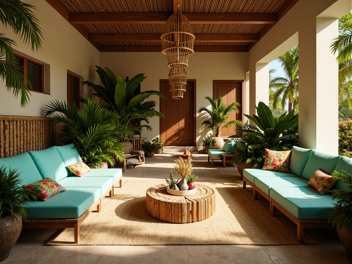 Prompt: Vibrant tropical interior, lush greenery, exotic flowers, woven rattan furniture, natural wood accents, bamboo textures, colorful tiki torches, warm sandy beige walls, soft turquoise upholstery, coral-inspired decorative accessories, sunny daylight, bright warm lighting, shallow depth of field, 1/1 composition, realistic renderings, ambient occlusion.