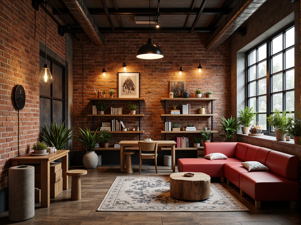 Prompt: Exposed brick walls, metal beams, industrial-chic decor, distressed wood accents, Edison bulbs, pendant lamps, metal shade fixtures, reclaimed wood shelves, vintage factory lights, urban loft atmosphere, playful color palette, whimsical decorative elements, kid-friendly furniture, modular storage units, eclectic textiles, cozy reading nooks, warm task lighting, dramatic shadows, 1/2 composition, low-key illumination.