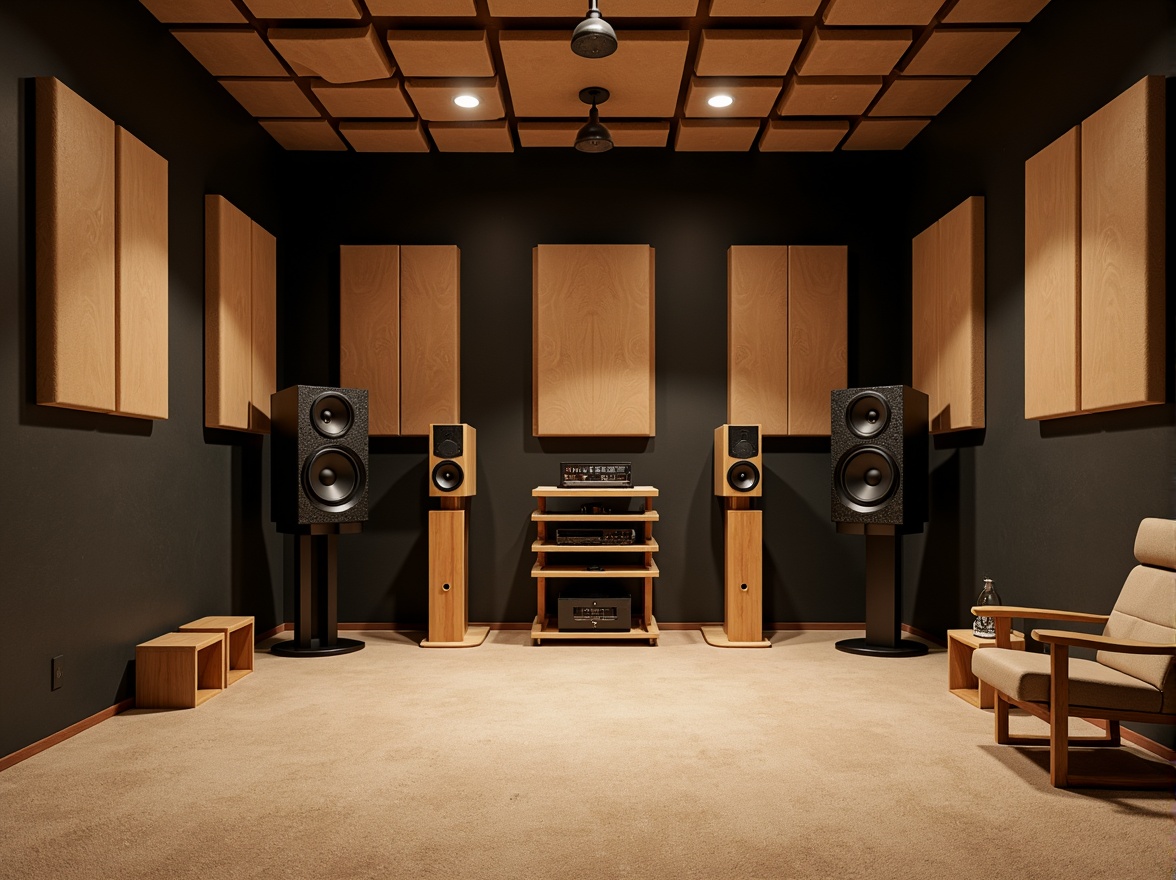 Prompt: Soundproof recording studio, professional audio equipment, wooden acoustic panels, sound-absorbing materials, fabric-wrapped frames, sleek metal stands, modern minimalist design, warm ambient lighting, cozy atmosphere, high-fidelity speakers, accurate sound reproduction, optimized room acoustics, subtle reflections, precise sound wave control, 1/1 composition, shallow depth of field, realistic textures.