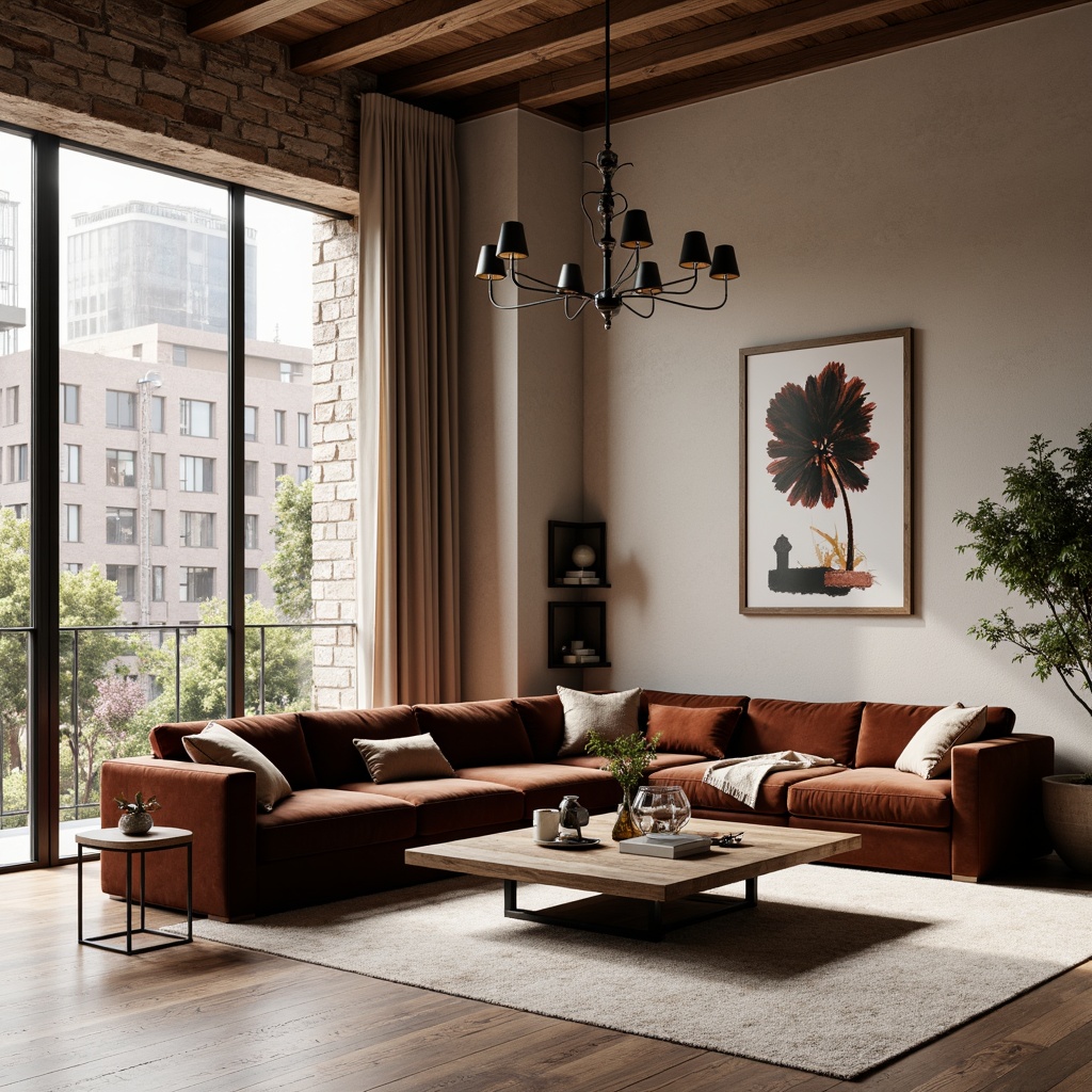 Prompt: Elegant living room, luxurious velvet sofa, reclaimed wood coffee table, minimalist metal legs, plush area rug, industrial chic decor, exposed brick wall, floor-to-ceiling windows, natural light pouring in, warm beige tones, rich walnut accents, sophisticated chandelier, soft warm lighting, cozy reading nook, comfortable sectional seating, decorative throw pillows, modern abstract artwork, sleek chrome fixtures, Scandinavian-inspired design elements.