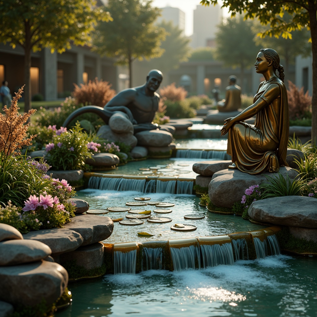 Prompt: Whimsical fountain, flowing waterfalls, ornate bronze statues, lily pads, exotic flowers, iridescent mosaics, sinuous curves, organic forms, luxurious velvety textures, shimmering aquamarine hues, Art Nouveau inspired ornaments, intricate metalwork, delicate filigree patterns, soft focus, warm golden lighting, shallow depth of field, 1/1 composition, intimate atmosphere.